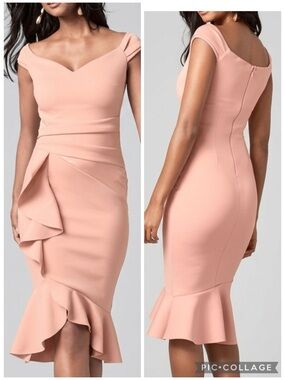 Venus Peach Dress Off the Shoulder Cap Sleeve Ruffle Trim Bodycon S Cocktail